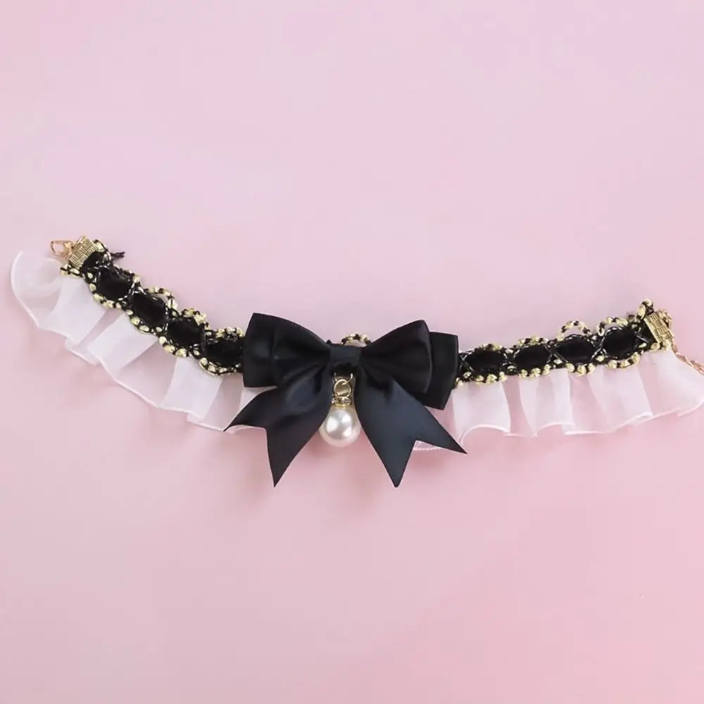 the PEARL COLLAR - Cute Dog Collar, Lace Bowknot Pearl Cat/Dog Necklace, Sweet Neck Decoration, Elegant Gentle Puppy Necktie, Kitten Bibs, Pet Supplies