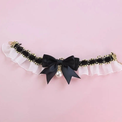 the PEARL COLLAR - Cute Dog Collar, Lace Bowknot Pearl Cat/Dog Necklace, Sweet Neck Decoration, Elegant Gentle Puppy Necktie, Kitten Bibs, Pet Supplies