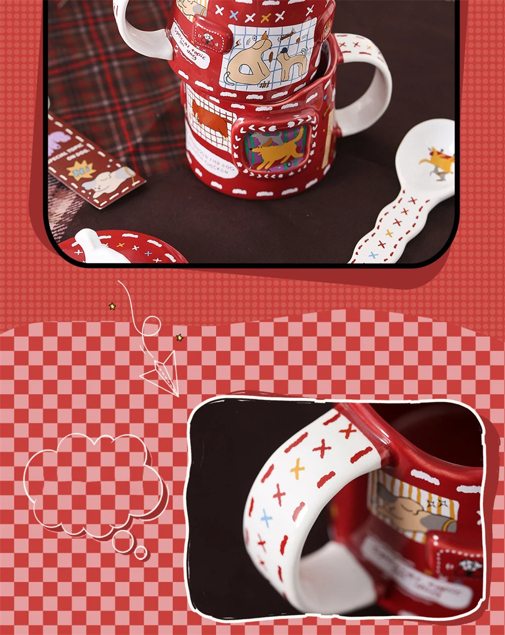 Cartoon Cute Ceramic Mug Dog Red Cup Lid Creative Christmas Water Cup Kitchen Accessories Coffee Cup Dust Cover Holiday Gift