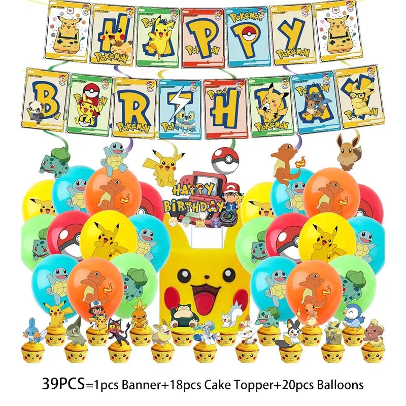 Pikachu Birthday Pokemon Party Decorations Pikachu Foil Balloons Disposable Tableware Plate Napkin Banner For Boy Party Supplies