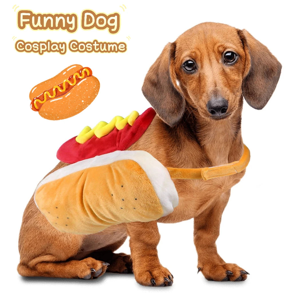 Cute Pet Dog Cosplay Costume Halloween Funny Hot Dog Shape Adjustable Puppy Clothes For Small Medium Dogs Cats Chihuahua Bulldog