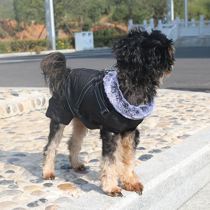 Waterproof Dog Clothes with Harness for Medium Large Dog Winter Warm Fur Collar Pet Dog Jacket Reflective French Bulldog Costume