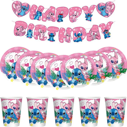 Lilo And Stitch Birthday Decoration Disney Pink Stitch Party Theme Tableware Set Angel Balloons Happy Supplies Kids Girl Favors