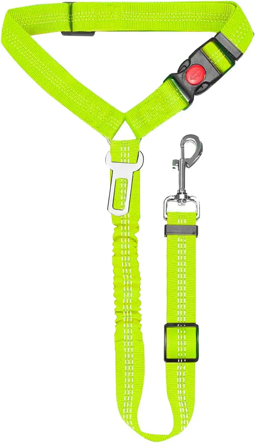 the DOGGY SEAT BELT - Dog Seat Belt Harness for Car, Restraint Adjustable with Elastic Bungee Buffer Headrest for Vehicle, 360° Swivel Carabiner Nylon