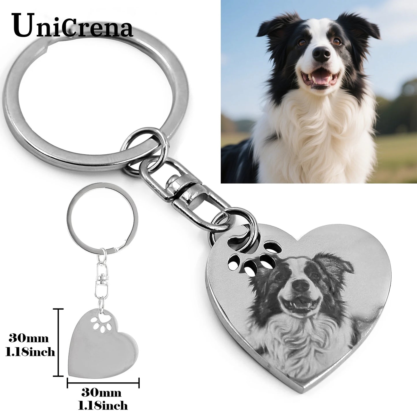 UniCrena Engraved Dog Keychain - Custom Pet Picture Keychain for Dog Cat Lovers Pet Loss Sympathy Gift Stainless Steel Heart