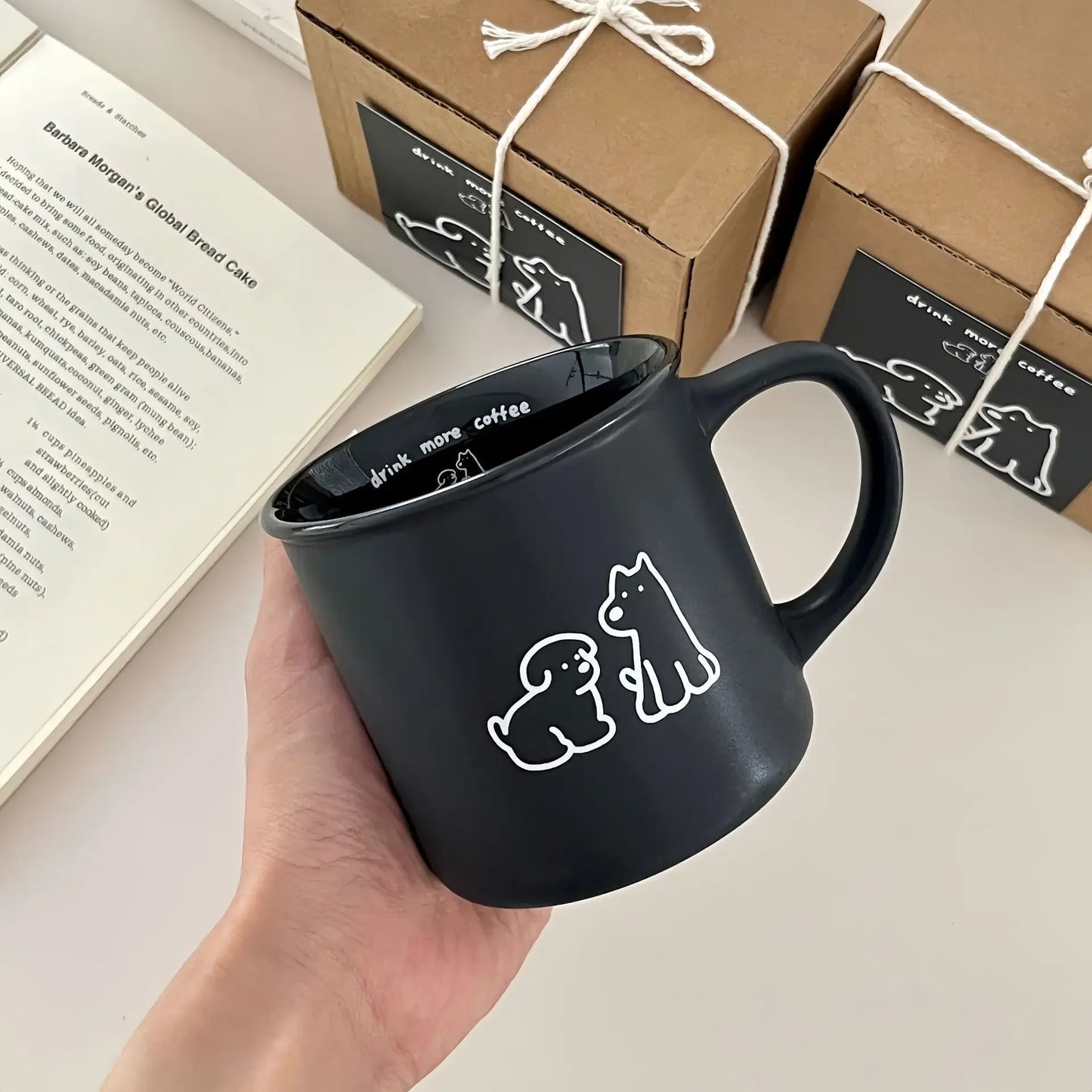 Premium Frosted Small Dog Mark Cup, Korean INS Breakfast Coffee Cup, Ceramic Cup Black and White Couple Cup Gift Box Set