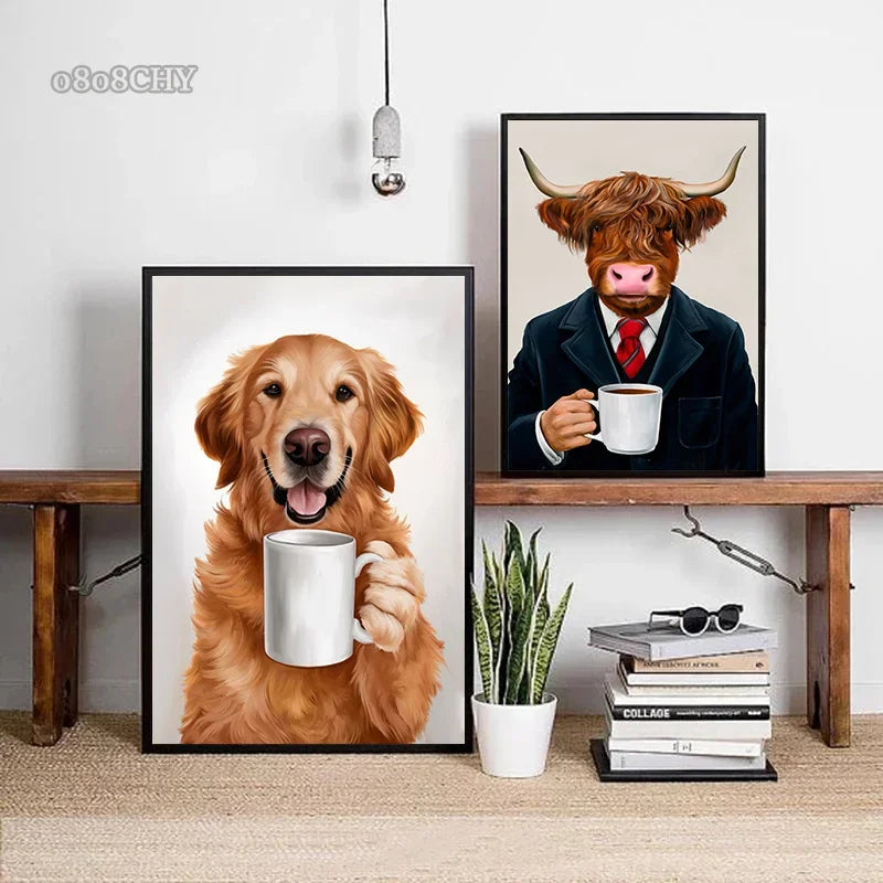 Funny Wall Art Pictures Animal Coffee Portrait Posters Canvas Print Art Sloth Pug Dog and Coffee Mural Cute Home Decor Painting