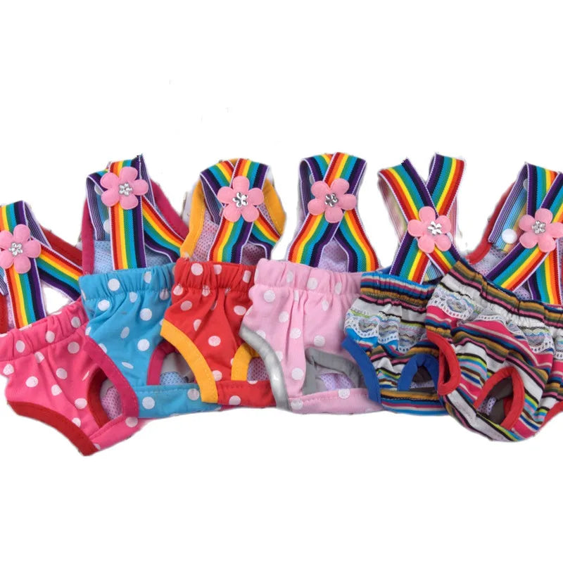 Adjustable Pet Diaper Pants for Female Dogs with Rainbow Suspenders Cute Polka Dot Puppy Sanitary Underwear Reusable Dog Shorts