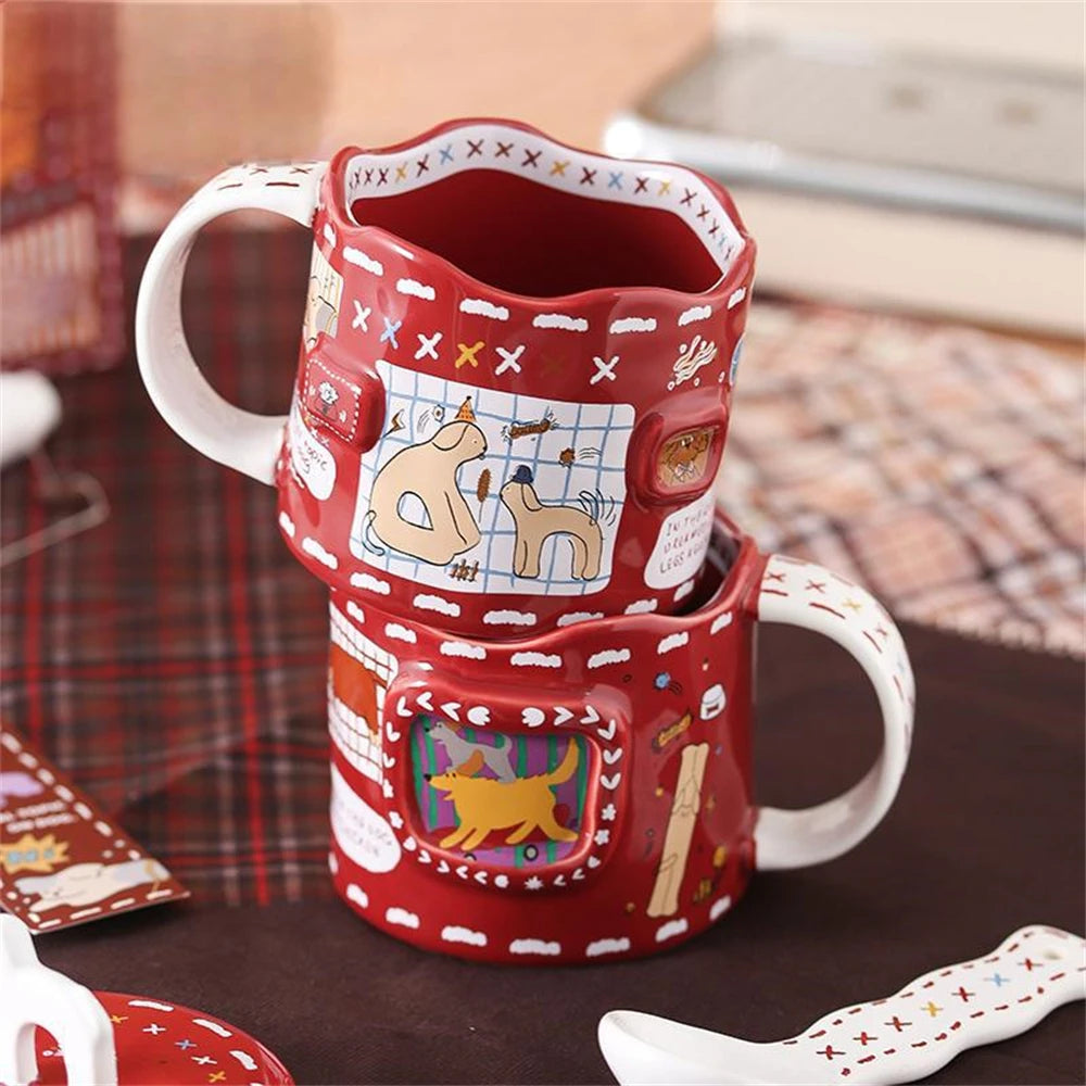 Cartoon Cute Ceramic Mug Dog Red Cup Lid Creative Christmas Water Cup Kitchen Accessories Coffee Cup Dust Cover Holiday Gift