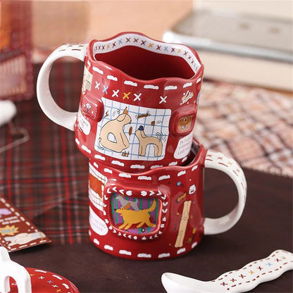 Cartoon Cute Ceramic Mug Dog Red Cup Lid Creative Christmas Water Cup Kitchen Accessories Coffee Cup Dust Cover Holiday Gift