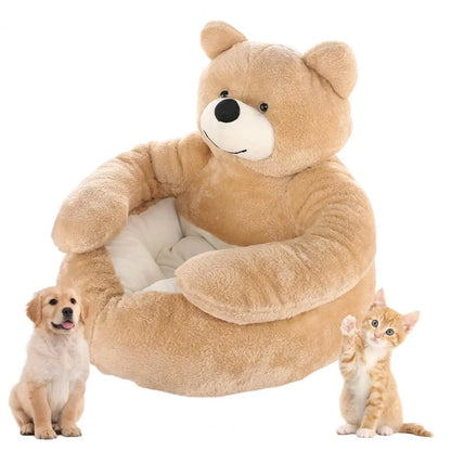 Dog Bed Plush Fabric Soft Pet Sofa Warm Fluffy Teddy Bear Dog Bed with Armrests Cozy Plush Cat Sofa Bed Non-slip for Cats