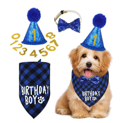 Decorative Pet Birthday Set Polyester Adjustable Dog Sequins Hat Blue Cat Birthday Hat Bow Tie Birthday Party