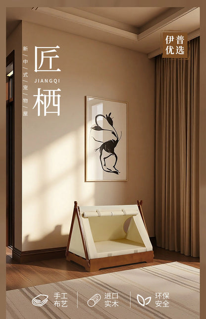 Wooden Pet Tent House - Washable Dog Bed for Small Dogs, Cat House with Removable Cover, Cozy Pet Tent for Indoor/Outdoor Use