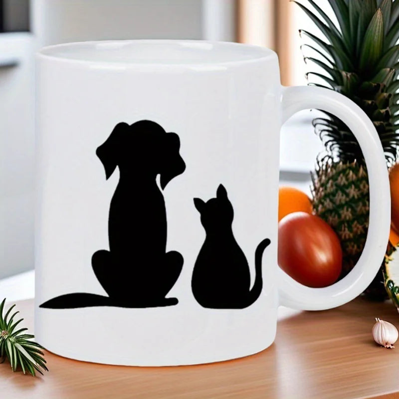 Cute Dog & Cat Silhouette Ceramic Mug - White Reusable Coffee Cup with Black Pet Design, Hand Wash Only, Perfect Gift for Pet Lo
