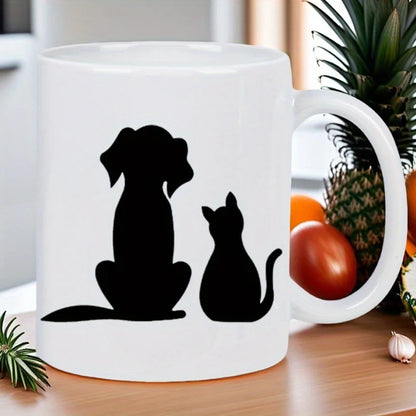 Cute Dog & Cat Silhouette Ceramic Mug - White Reusable Coffee Cup with Black Pet Design, Hand Wash Only, Perfect Gift for Pet Lo