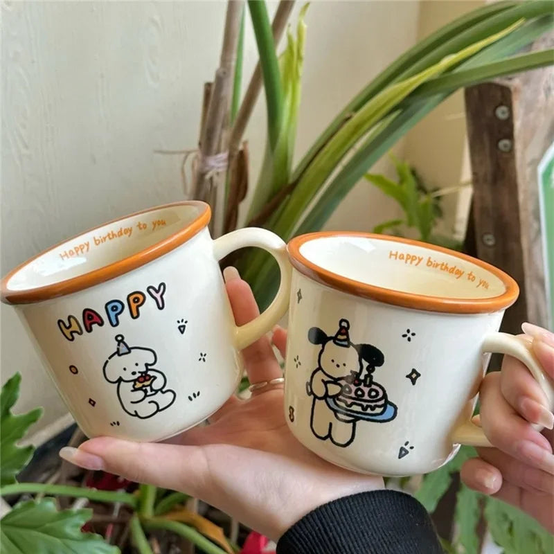 1Pcs Ins Cute Happy Bear Ceramic Mug Kawaii White Puppy Cartoon Coffee Mug Fashion Vintage Afternoon Tea Cup Pair Couple Gift
