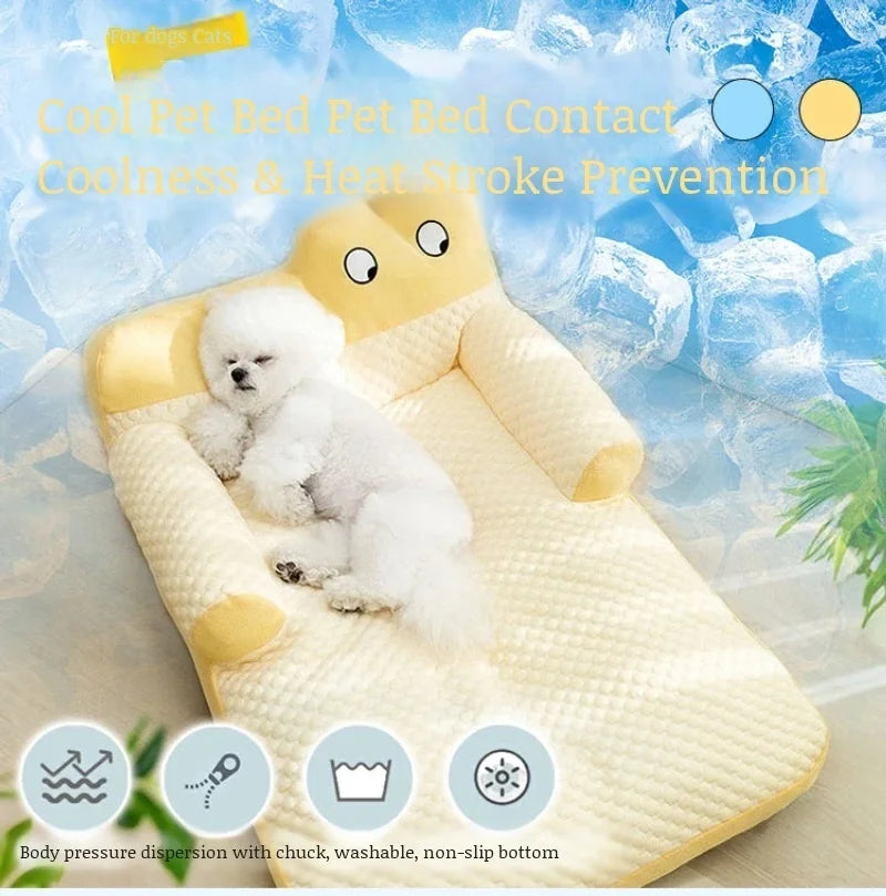 Pet Cooling Pad with L Shaped Pillow and Two Cute Eyes Pattern for Dogs and Cats Washable Ice Cooling Mat Summer Comfort Design