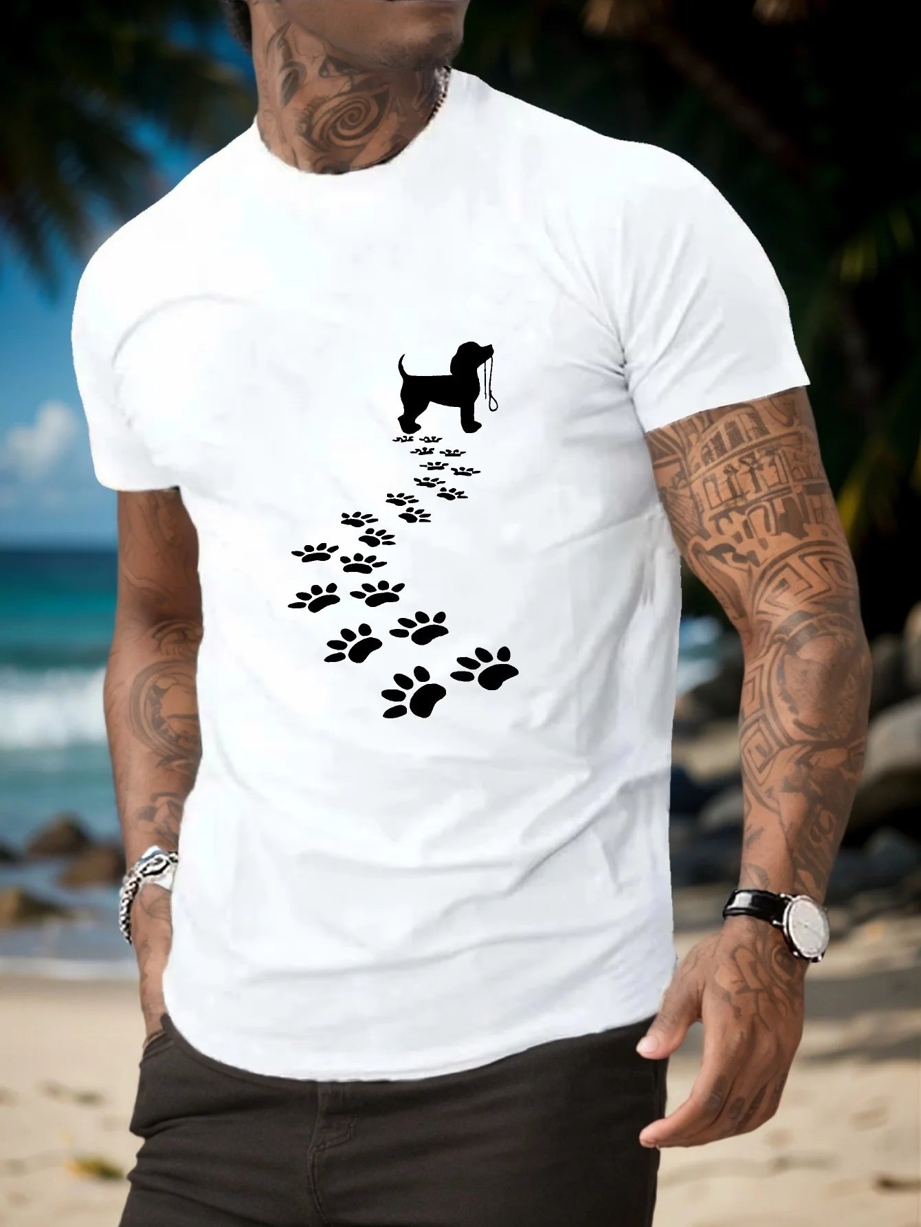 the WALK PLEASE -Men's Summer 100% Cotton Fashionable Casual Sports Loose Fit Dog Paw Print Round Neck Short Sleeved T-Shirt Top