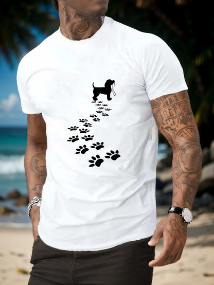 the WALK PLEASE -Men's Summer 100% Cotton Fashionable Casual Sports Loose Fit Dog Paw Print Round Neck Short Sleeved T-Shirt Top