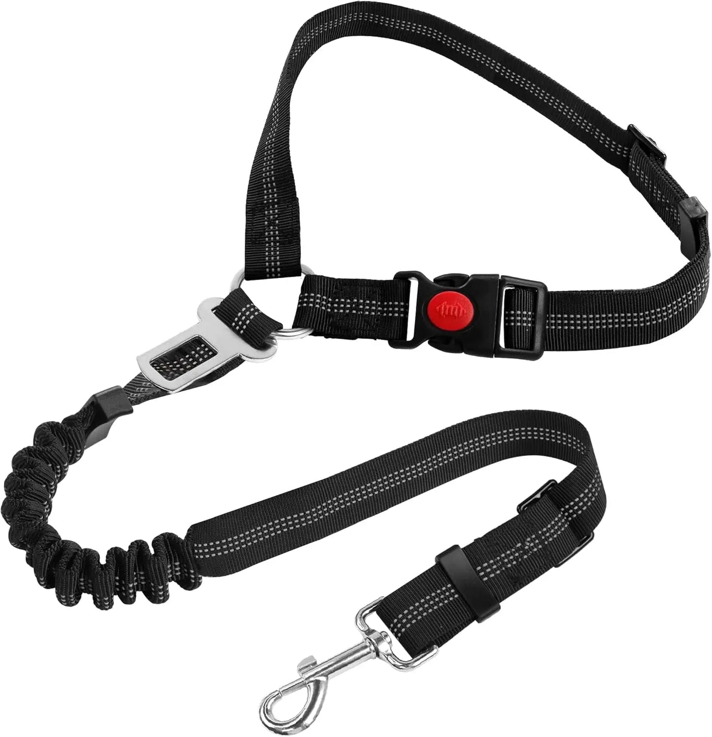 the DOGGY SEAT BELT - Dog Seat Belt Harness for Car, Restraint Adjustable with Elastic Bungee Buffer Headrest for Vehicle, 360° Swivel Carabiner Nylon