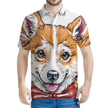 the CORGI CLUB - Cartoon Corgi Dog Graphic Polo Shirt for Men, Summer 3D Printed Pets Animal Tee Shirts, Button Short Sleeves Street Lapel T-Shirts