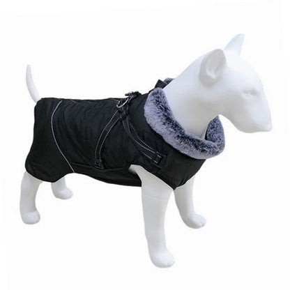 Waterproof Dog Clothes with Harness for Medium Large Dog Winter Warm Fur Collar Pet Dog Jacket Reflective French Bulldog Costume