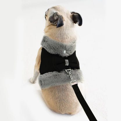 the SPARKLEPAW DIAMOND HARNESS - Warm Winter Dog Harness and Leash Set, Cute Bowknot Pet Fur Vest, Pets/Puppy Clothes Vest, Small Dog Clothing, French Bulldog