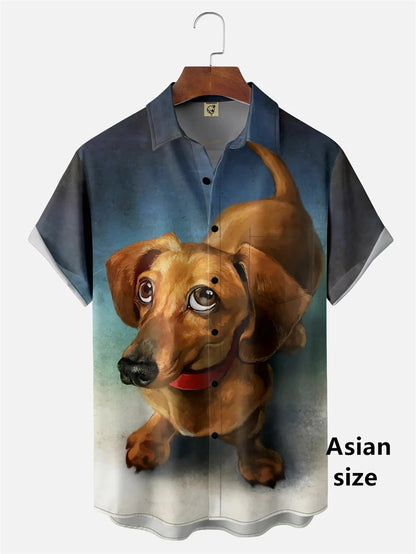 the HOT DOG DACHSHUND - Funny Cartoon Hot Dog Dachshund Graphic Shirts, Men/Women 3D Printed Casual Vacation Hawaiian Short Sleeve Shirts, Button Blouse