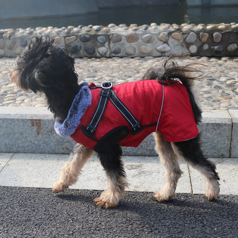 Waterproof Dog Clothes with Harness for Medium Large Dog Winter Warm Fur Collar Pet Dog Jacket Reflective French Bulldog Costume