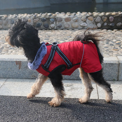 Waterproof Dog Clothes with Harness for Medium Large Dog Winter Warm Fur Collar Pet Dog Jacket Reflective French Bulldog Costume