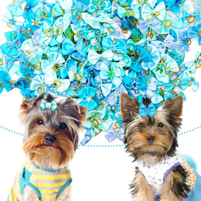 the BLUE GEM BOWKNOTS - Small Dog Bows, 10/20PCS Movable Dog Bows with Rubber Bands, Pet Hair Accessories for Dogs, Blue Series Pet Bowknots, Dog Supplies