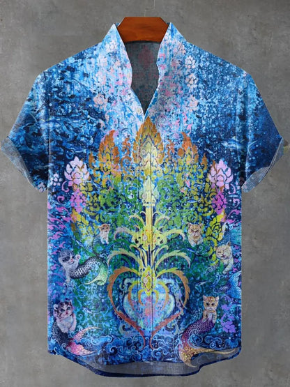 the CLIFFORD - Men's Short Sleeve Linen Shirt, 3D Fish Print Pocket Short Sleeve Shirt, Fashion Button Men's Shirt