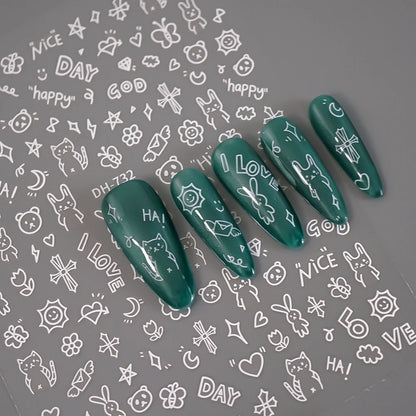 3D Flat Cute Cartoon Nail Stickers Doodle Cat Dog Heart Star Flower Nail Art Stickers Women DIY Manicure Decoration Decals