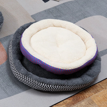 Winter Round Warm Dog Sofa Bed Pets Supplies Canvas Stripe Mat Plush Cats Nest Mat Dog Basket Pet Soft Cushion Machine Washable