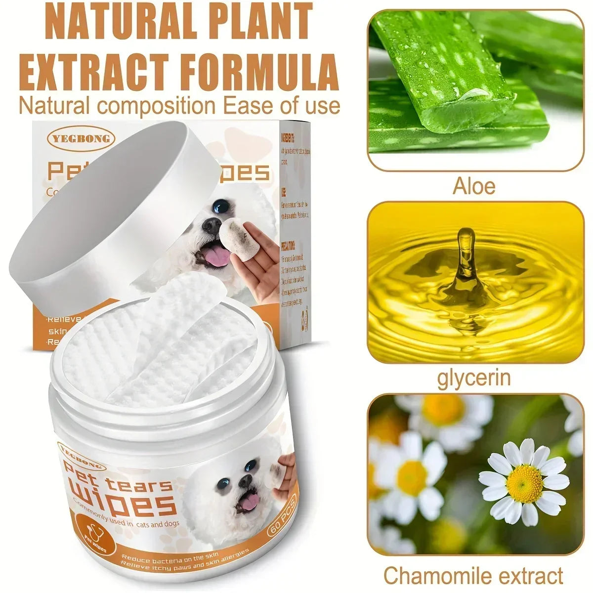 the PET TEAR WIPES - 60pcs/Set Eye Wet Wipes, Universal Disposable Non-Woven Wet Towels, Ear Stain Remover, Dog/Cat Wipes, Grooming Tools Pet Accessories