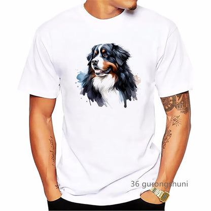 the BERNESE - Bernese Mountain Dog Animal Printed T-Shirt, Men's Clothing Funny White T-Shirt, Homme Summer Fashion T-Shirt