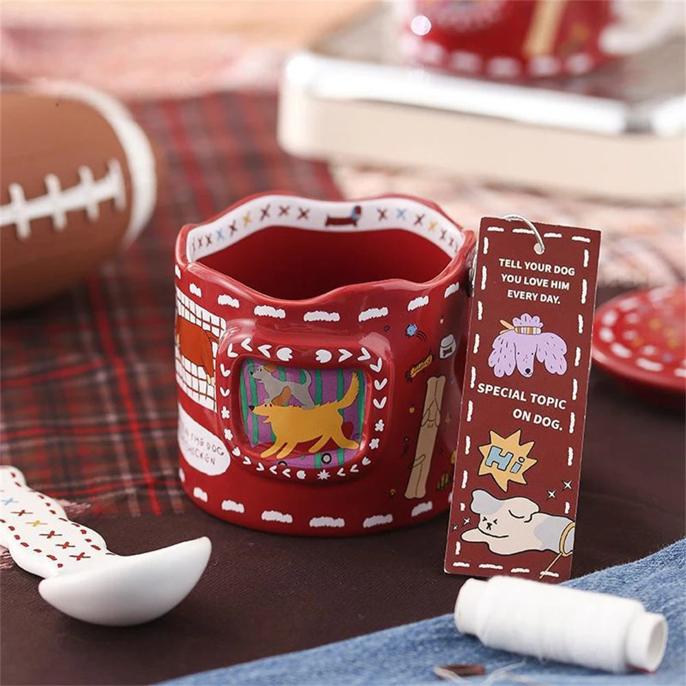 Cartoon Cute Ceramic Mug Dog Red Cup Lid Creative Christmas Water Cup Kitchen Accessories Coffee Cup Dust Cover Holiday Gift