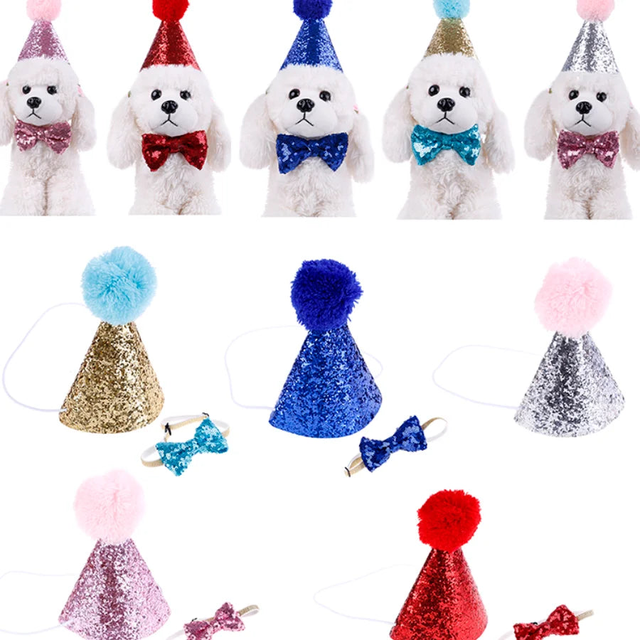 2Pcs/set Pet Dogs Caps With Bowknot Cat Dog Birthday Costume Sequin Design Headwear Cap Hat Christmas Party Pets Accessories
