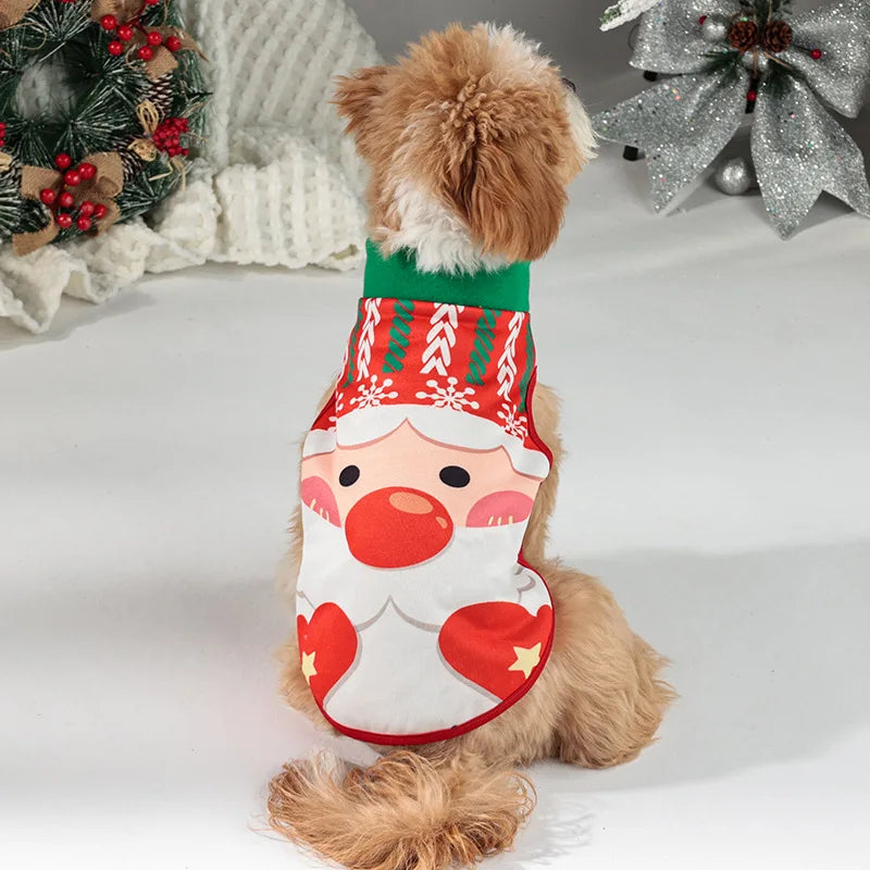 Christmas Santa Dog Vest Warm Fleece, Cartoon Print Pet Jacket, Red/Green, Sleeveless, Sizes S–XL for Small/Medium Dogs