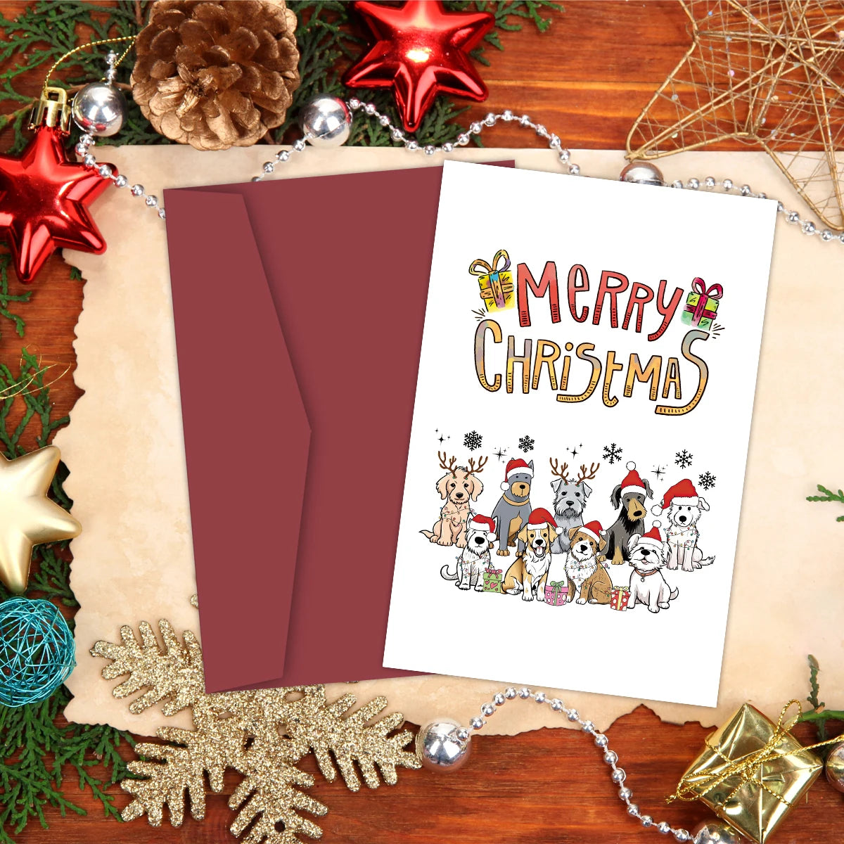 Festive Christmas Dogs Greeting Card,Cute Puppy with Santa Hat & Elk Horns Christmas Cards,Novelty Holiday Gift for Dog Lovers