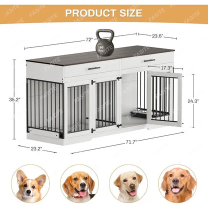 Dog Crate Furniture, 72.05 Inch Wooden Large Dogs Kennel with 2 Drawers & Dogs Bowls, Dog Cage  with Double Doorss & Divider