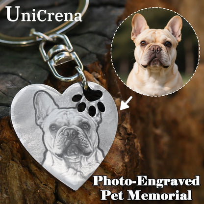UniCrena Engraved Dog Keychain - Custom Pet Picture Keychain for Dog Cat Lovers Pet Loss Sympathy Gift Stainless Steel Heart