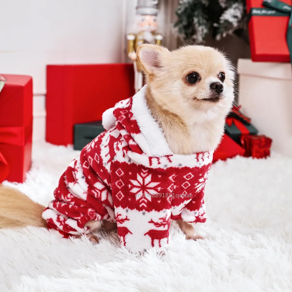 the JOLLY JAMMIES PET PAJAMAS - Winter Dog Christmas Jumpsuit, Clothes Warm Plush Pet Pajamas for Small/Medium Dogs/Cats, Overalls Puppy, Warm Dog Clothing