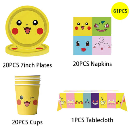 Pikachu Birthday Pokemon Party Decorations Pikachu Foil Balloons Disposable Tableware Plate Napkin Banner For Boy Party Supplies
