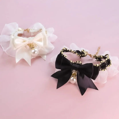 the PEARL COLLAR - Cute Dog Collar, Lace Bowknot Pearl Cat/Dog Necklace, Sweet Neck Decoration, Elegant Gentle Puppy Necktie, Kitten Bibs, Pet Supplies