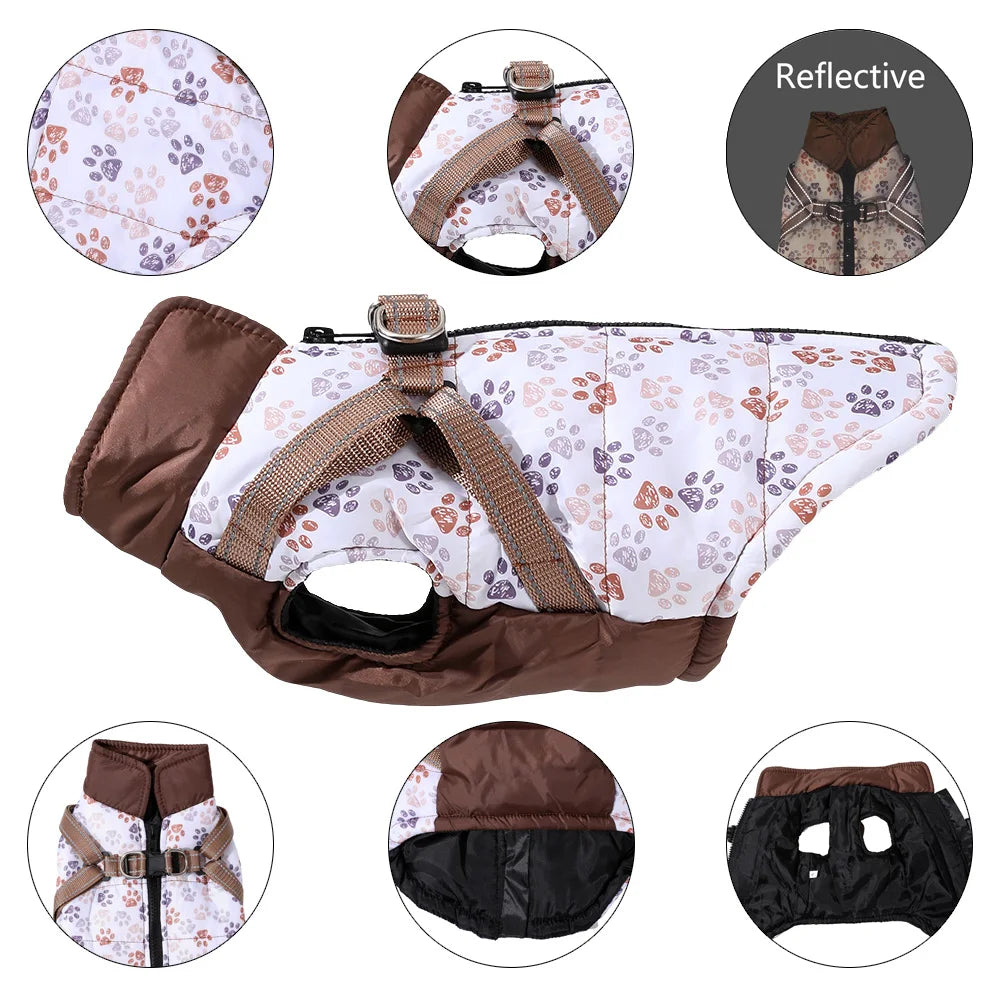 Winter Warm Pet Dog Coat For Small Medium Dogs Cat Jacket with Harness Puppy Foorprint Windproof Clothing French Bulldog Costume