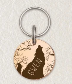 the LONEPAW WOODLAND ID - Custom Wolf and Tree Pet ID Tag, Personalized Free Engraved Keychain for Cat/Puppy/Dog Tag, Pendant Keyring Round Pet Accessories