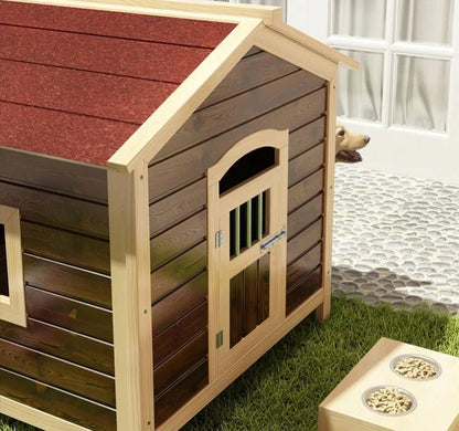 the DOGGY CABIN - Large Outdoor Wooden Dog Kennel with Sun Visor and Wooden Door, Weatherproof Pet House