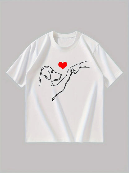 the LOVE PUNCH - Men's Summer 100% Cotton Fashionable Casual Loose Dog and Heart Pattern Printed Sports Round Neck Short Sleeve T-Shirt Top