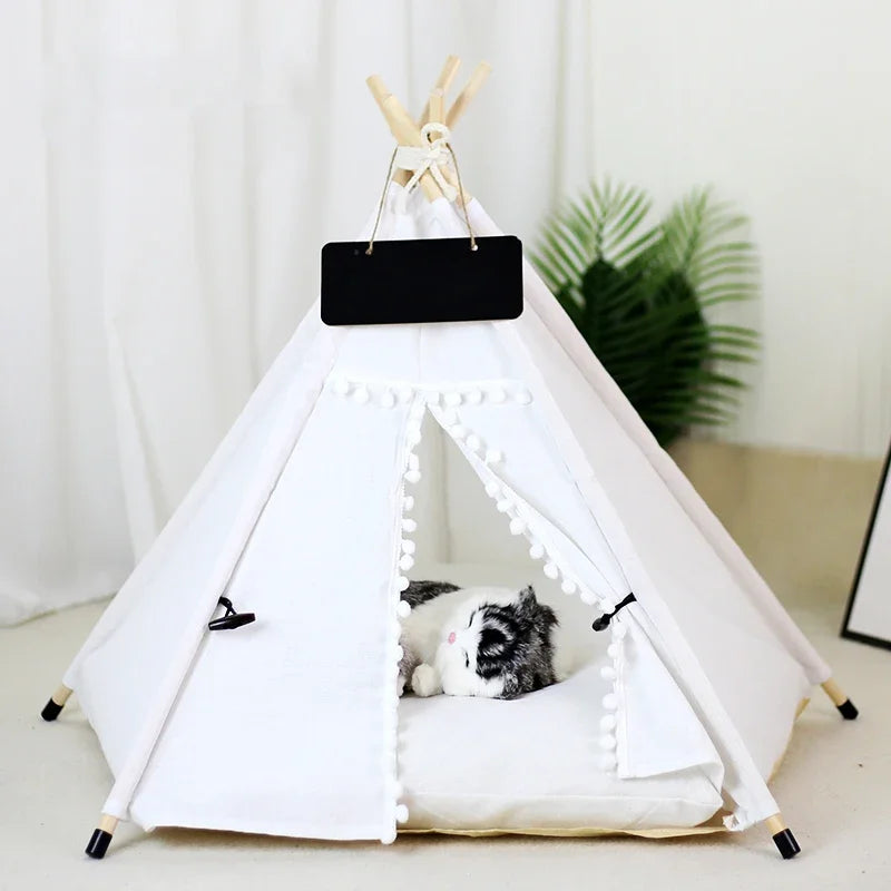 the TINY TEE-PEE - Pet Tent Dog/Cat Nest, Washable Doghouse Cat Tent, Semi Enclosed Insulated Cat/Doghouse, Foldable Dog/Cat Villa with Cushion and Blackboard